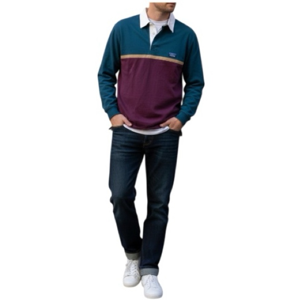 L.L.Bean Vintage Lakewashed Rugby Men’s Polo Shirt Blue Tan Burgundy Large Tall